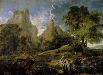 Nicolas Paisaje Con Polifemo clásico Nicolas Poussin Montaña Pinturas al óleo